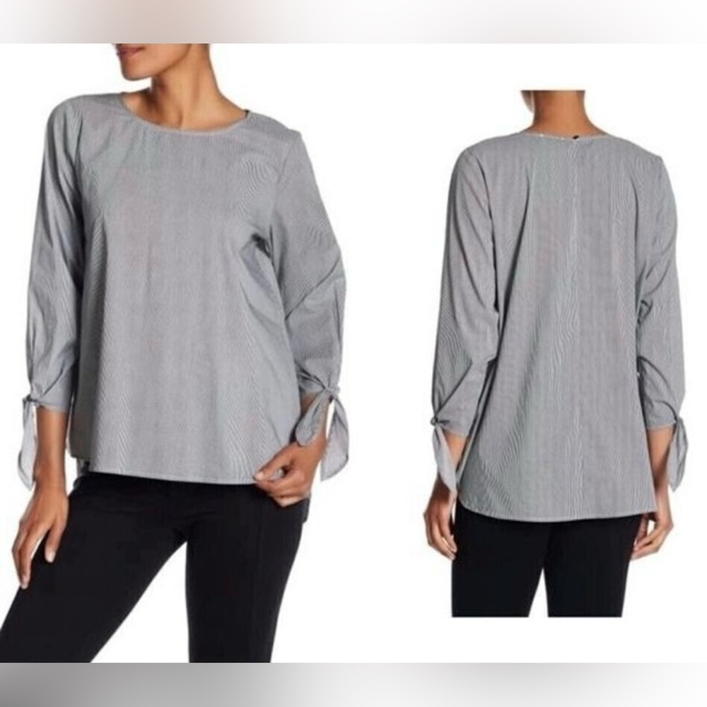 Vince Camuto Women’s Pinstripe Blouse Black White Tie Sleeve L Classic Top NWT - Picture 12 of 12